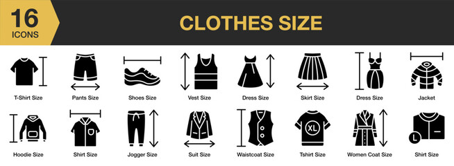 Clothes Size solid icon set. Includes dress size, hoodie, jacket, jogger, pants, and More. Solid icons vector collection.