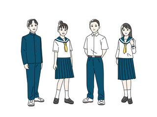 制服を着た笑顔の学生の全身イラストセット