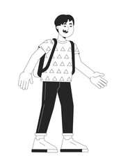 Excited asian schoolboy back to school black and white 2D line cartoon character. Japanese pupil boy isolated vector outline person. Preteen apprentice primary school monochromatic spot illustration