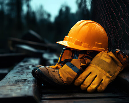 This image showcases essential construction safety gear, including a hard hat, goggles, gloves, and work boots, symbolizing the importance of safety in hazardous environments.