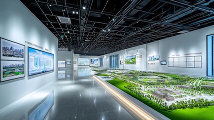 Exhibition hall of city and urban planning museum features interactive screens, information boards, model buildings, landscape models, text panels with some photos hanging on them.