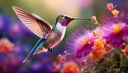 Hummingbird Flying near Flowers. hummingbird and flower.
