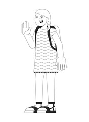 Blonde caucasian schoolgirl hello waving black and white 2D line cartoon character. Hello gesturing boy with backpack isolated vector outline person. Back to school monochromatic spot illustration