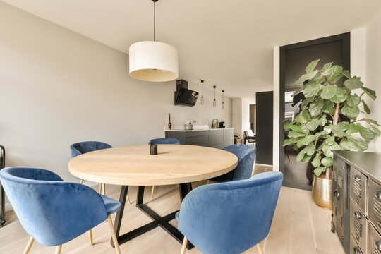 Modern dining room with blue velvet chairs and wooden table