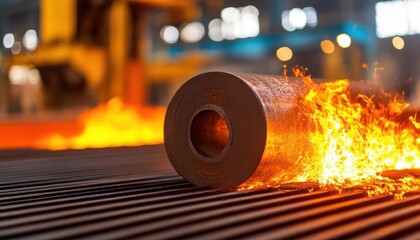 A close-up view of a heated metal roll with flames, showcasing the intensity of industrial processing in a factory setting.