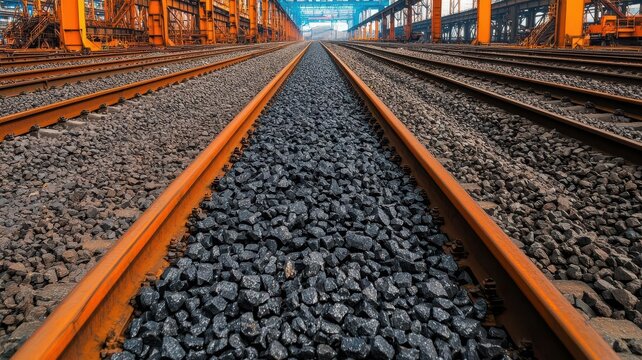 A vibrant view of parallel railway tracks with gravel, highlighting industrial structure and the depth of the tracks.