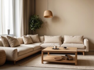 Obraz premium Modern Living Room with Sectional Sofa, Coffee Table, and Neutral Color Palette