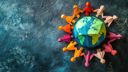 Paper people in different outfits hold hands around a globe on a blue surface, symbolizing global unity and diversity. The concept of the day "Zero discrimination"
