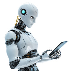 Ai robot using tablet isolate on transparency background