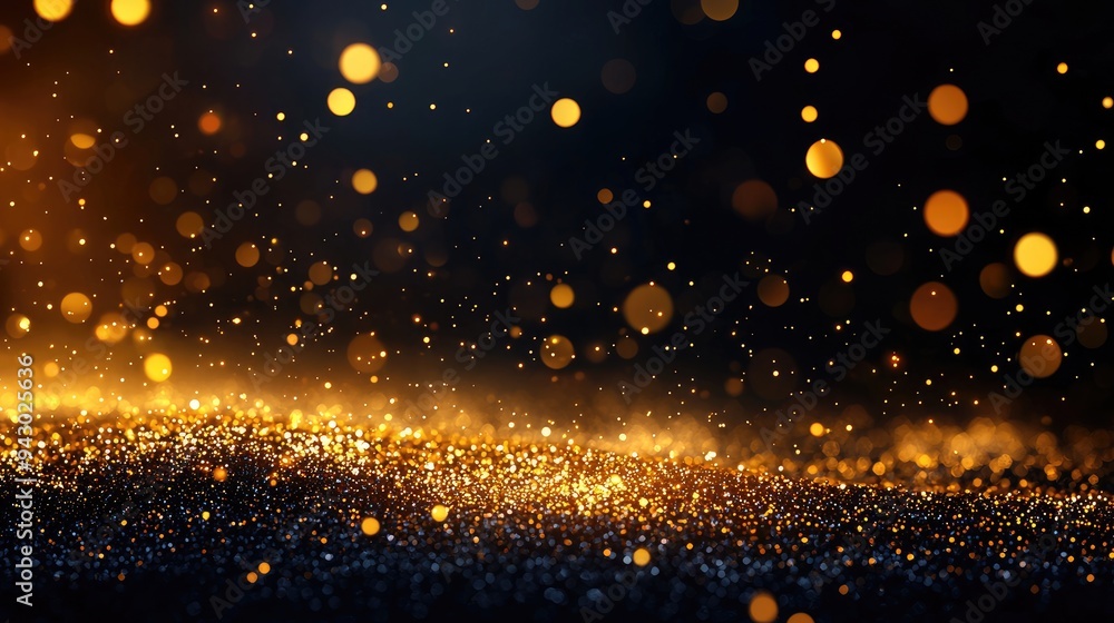 Poster a captivating background of shimmering golden particles and bokeh lights. perfect for festive and el