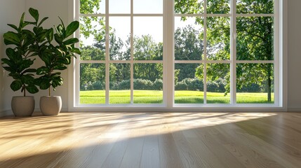 A bright room with large windows, showcasing vibrant greenery outside and a serene indoor plant for a refreshing atmosphere.