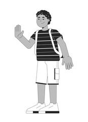 African american schoolboy greeting waving black and white 2D line cartoon character. Schoolkid black boy with backpack isolated vector outline person. Back to school monochromatic spot illustration