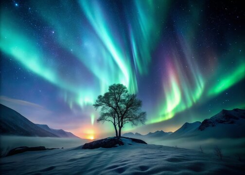 dreamy celestial slow-shutter nocturne capturing ethereal dancing aurora borealis streaks across starry night sky with misty silhouette of lone tree in misty mountainscape