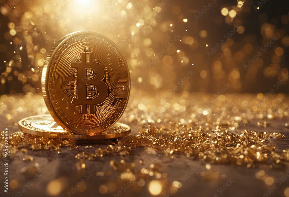 Poster a close-up view of shiny bitcoins glinting in a glimmering golden environment, emphasizing the wealt