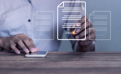 Business Contract Signing, Young man uses a smartphone to sign a business contract online, Online business contract, Electronic signature, Digital documents