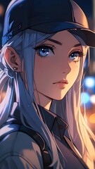 Mysterious Night Wanderer: Anime-Inspired Female with Silver Hair and Intense Blue Eyes