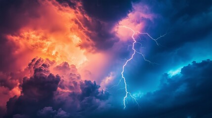 Fototapeta premium Electric Lightning Breaking Through Dense Storm Clouds Evoking Drama Tension and the Wild Beauty of Natural Phenomena