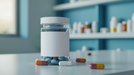 Prescription mockup with a pill bottle featuring a blank label, surrounded by scattered pills on a white surface. copy space available.