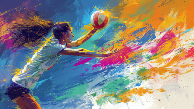 Female volleyball player with long hair, wearing a white jersey and blue shorts, is shown in mid-air, reaching to spike the ball. Background is a vibrant abstract painting of colorful brushstrokes