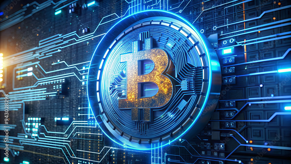 Aufkleber a circular bitcoin symbol stands out in a futuristic digital environment, surrounded by intricate bl