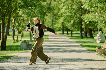 Young woman dancing energetically in the middle of park path surrounded by lush green trees and sunlight casting through leaves creating vibrant atmosphere