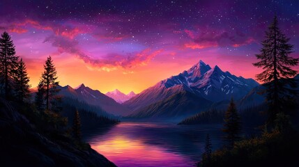 Serene mountain landscape at sunset, featuring vibrant colors and calm water reflections among pine trees.