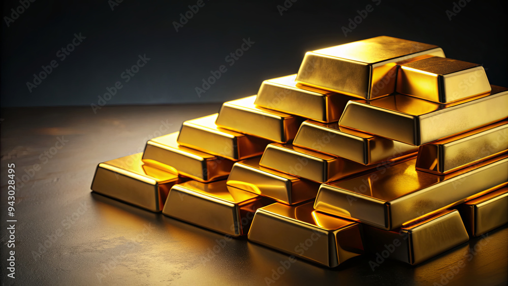Poster gleaming stacks of gold bars rest on a dark surface, reflecting light and highlighting their polishe
