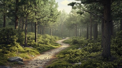 Obraz premium A panoramic view of a peaceful forest with a winding path, offering plenty of space for text. Ideal for outdoor activities, nature, or exploration themes.