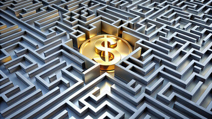 A gleaming dollar sign stands at the heart of a intricate metal maze, symbolizing the challenging journey towards financial achievement and success