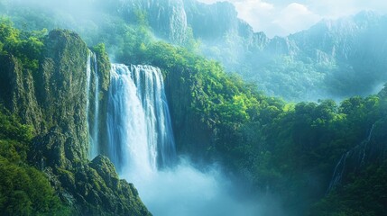 A majestic waterfall cascading down a rocky cliff, with ample space for text in the misty foreground. Ideal for adventure, nature, or travel promotions.