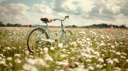 Naklejka premium Beautiful vintage style photo of a bicycle in a flower field.