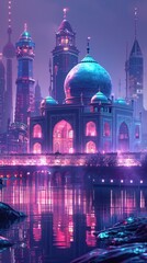 A futuristic mosque with intricate details is illuminated by colorful lights at night, reflecting on the water in front of it.