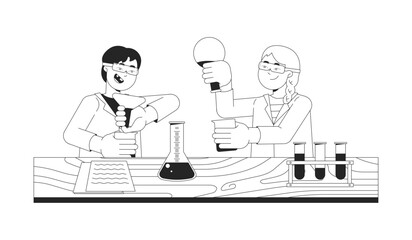 Positive students working in chemical lab black and white 2D line cartoon characters. Boy and girl studying chemistry isolated vector outline people. Education monochromatic flat spot illustration