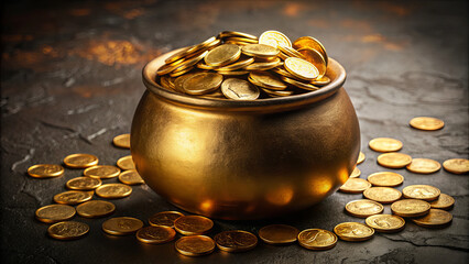A golden pot overflows with bright coins, surrounded by scattered pieces on a dark, richly textured background, evoking feelings of treasure and prosperity