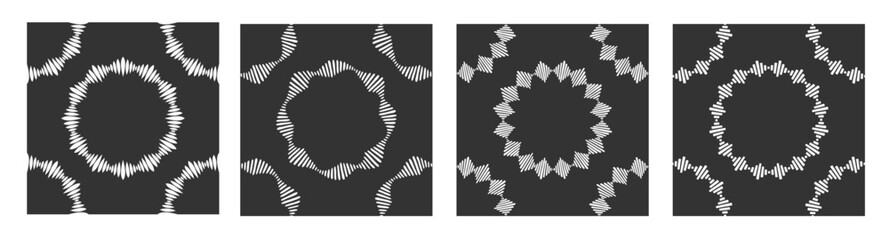 Collection of four abstract seamless vector patterns with circular geometric ornaments, striped frames. Decorative patterns. White shapes, isolated on black backgrounds.