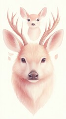 A deer with antlers on its head and a smaller deer on top of it. The deer is pink and has a cute expression