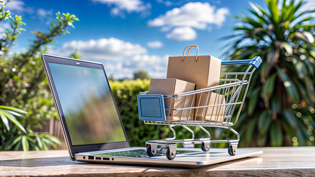 A laptop sits open on a wooden surface alongside a small shopping cart filled with cardboard boxes. The background features lush greenery and a bright blue sky, creating a cheerful atmosphere