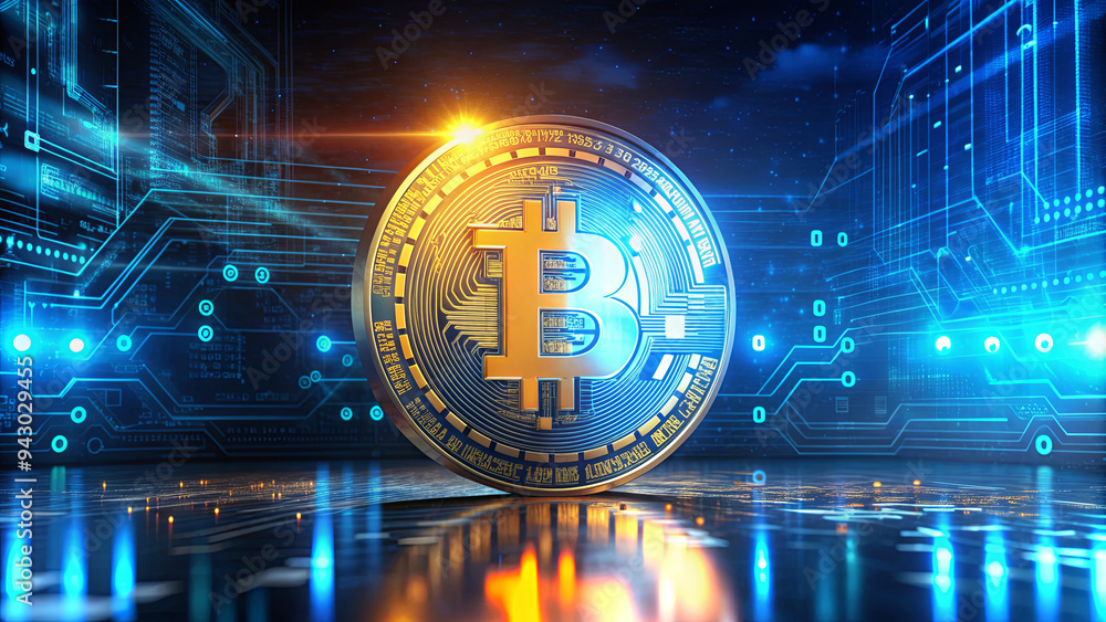 Aufkleber a shiny bitcoin coin stands prominently against a high-tech digital backdrop filled with glowing cir