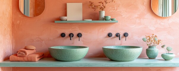 Modern pastel bathroom with coral and green colors, double sink, and plant