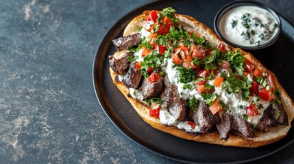 Succulent steak sandwich with fresh herbs creamy sauce