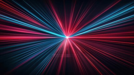 Fototapeta premium Laser beams converging on a target surface, overhead shot, red and blue hues, dark background, precision detail