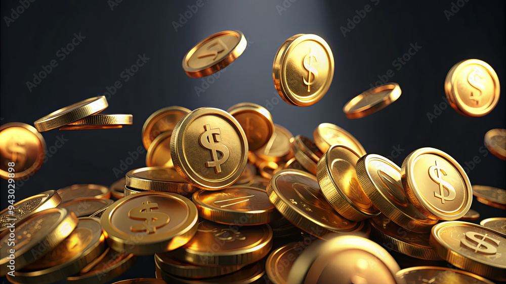 Poster a cascade of golden coins tumbles gracefully against a dark backdrop, symbolizing wealth and financi