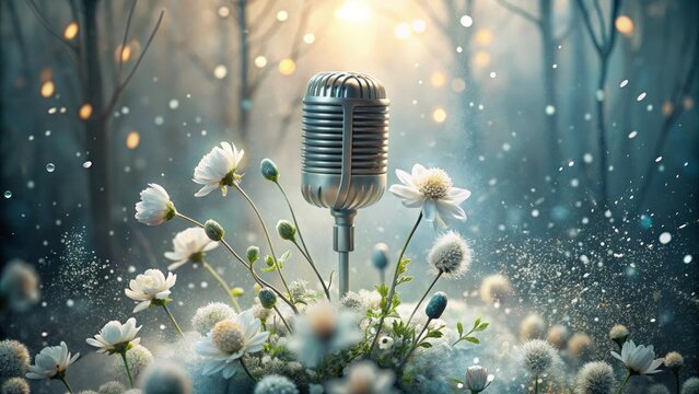 Frosted glass podcast microphone surrounded by white florals splashing water droplets on a misty morning, ethereal glow, soft focus, monochromatic, whimsical