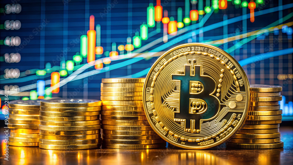 Aufkleber a stack of shiny bitcoin coins sits in the foreground, while a trading graph displaying fluctuating 