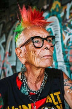 Senior woman with colorful mohawk hairstyle looking at camera. Generative AI image