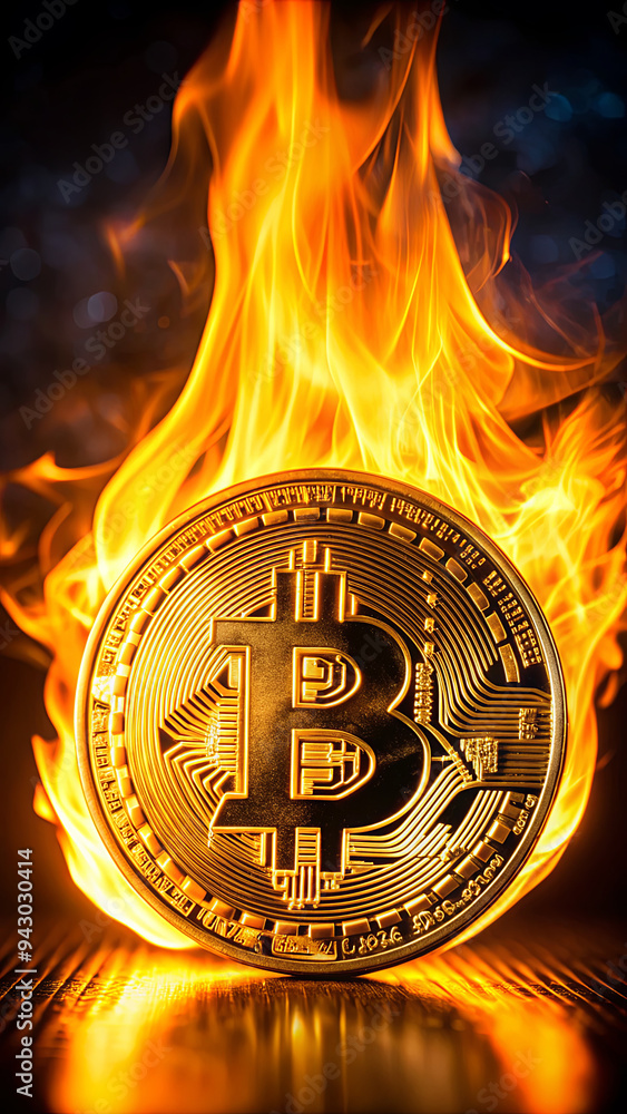 Poster a highly detailed bitcoin coin is surrounded by vibrant flames that symbolize the volatility and dyn