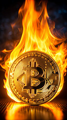 A highly detailed Bitcoin coin is surrounded by vibrant flames that symbolize the volatility and dynamic nature of cryptocurrency markets, evoking a sense of urgency and transformation