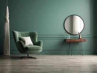 Green Velvet Armchair in a Modern Interior with a Round Mirror