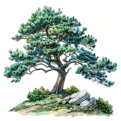 Illustration of Majestic Pine Trees in Nature, Detailed illustrations of majestic pine trees with lush green foliage, surrounded by rocks and shrubs, depicting a natural landscape.


