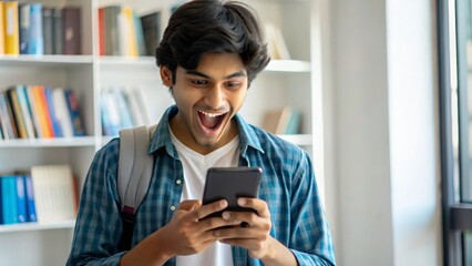 "Excited Indian Student Using Smartphone in Library" – A young Indian student with an enthusiastic expression while using his smartphone in a library.
